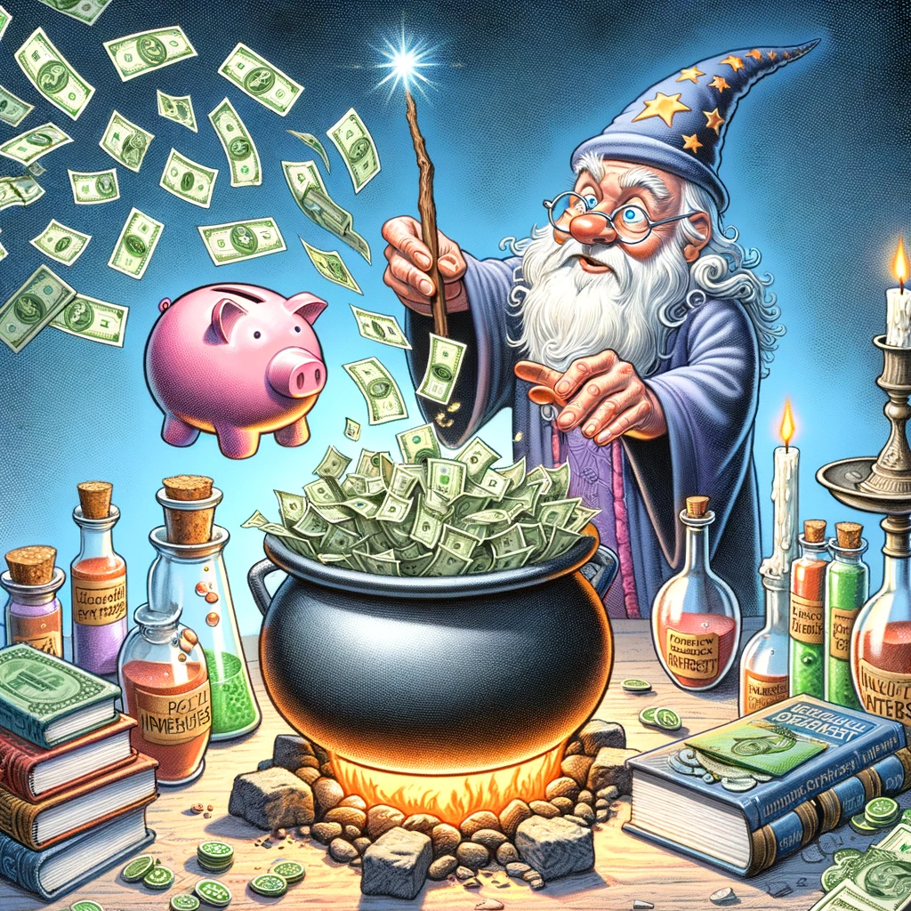 A humorous depiction of a wizard casting a spell on a piggy bank, making money fly out of it into a cauldron of investments, surrounded by financial books and magic potions, with a caption saying "The magic of compound interest."