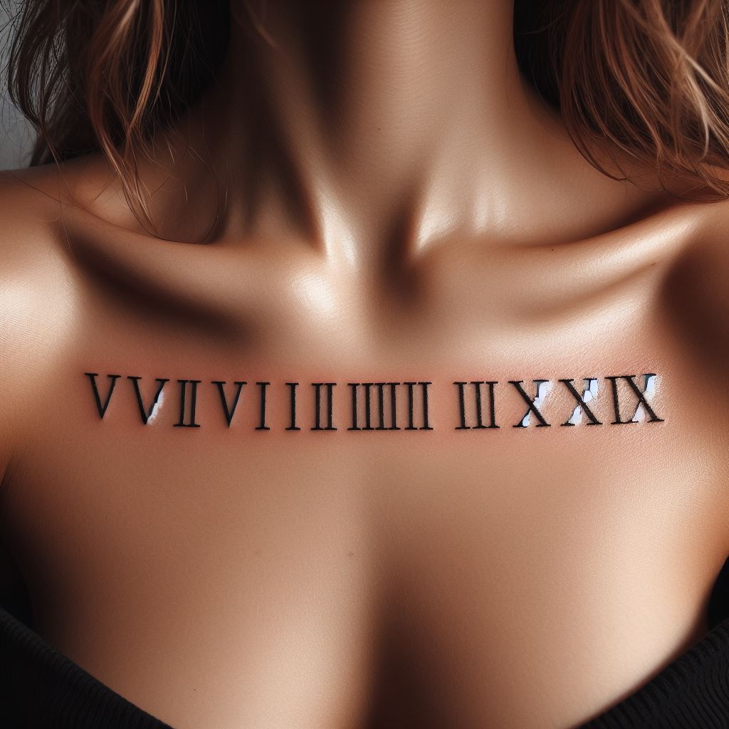 A series of roman numerals representing significant dates, tattooed in a neat line parallel to the collarbone.