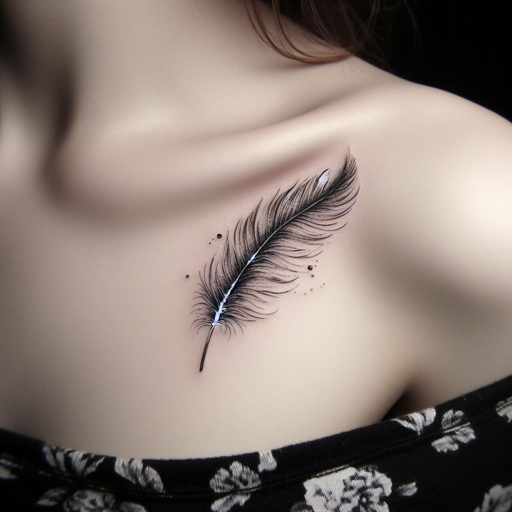 A whimsical tattoo of a dainty feather that seems to float gently across the collarbone, with fine details in black and gray ink.