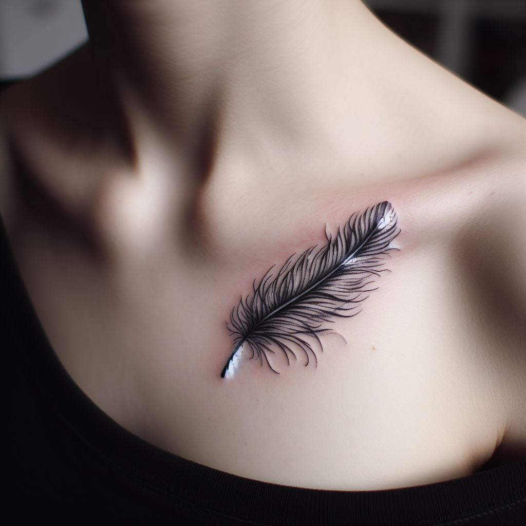 A whimsical tattoo of a dainty feather that seems to float gently across the collarbone, with fine details in black and gray ink.