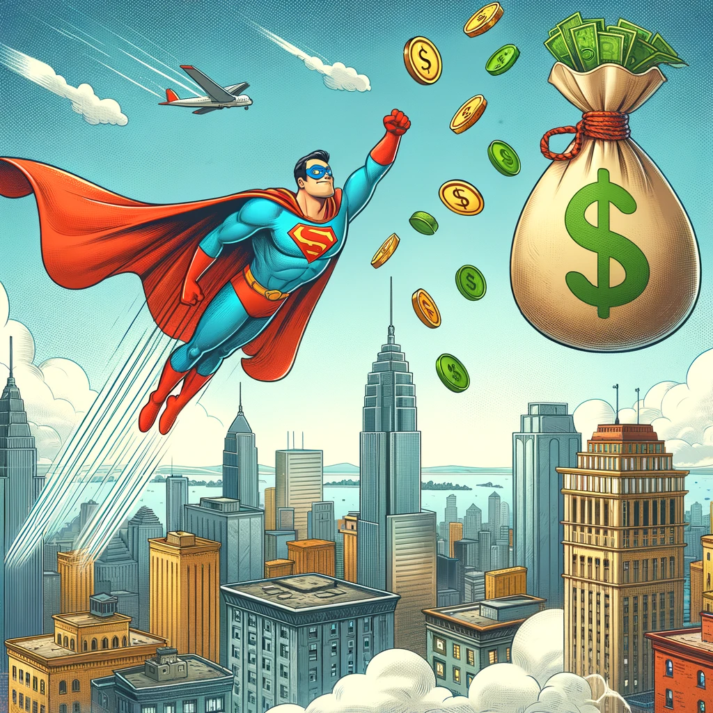 An imaginative illustration of a superhero flying over a city, dropping coins and bills from a bag marked with a dollar sign, with buildings and citizens looking up in awe, captioned "Super Savings to the rescue!"