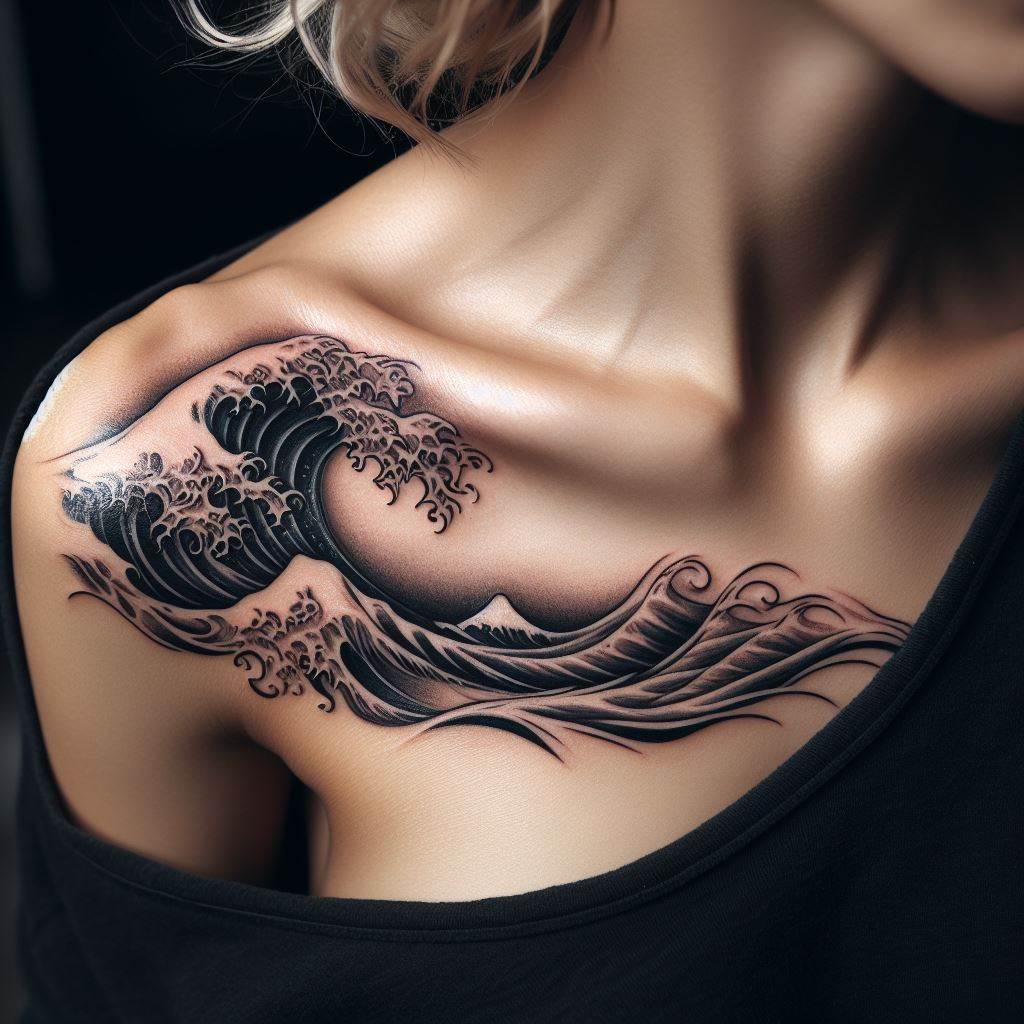 An ocean wave tattoo, captured in mid-motion with intricate lines and shading, flowing gracefully over the collarbone area.