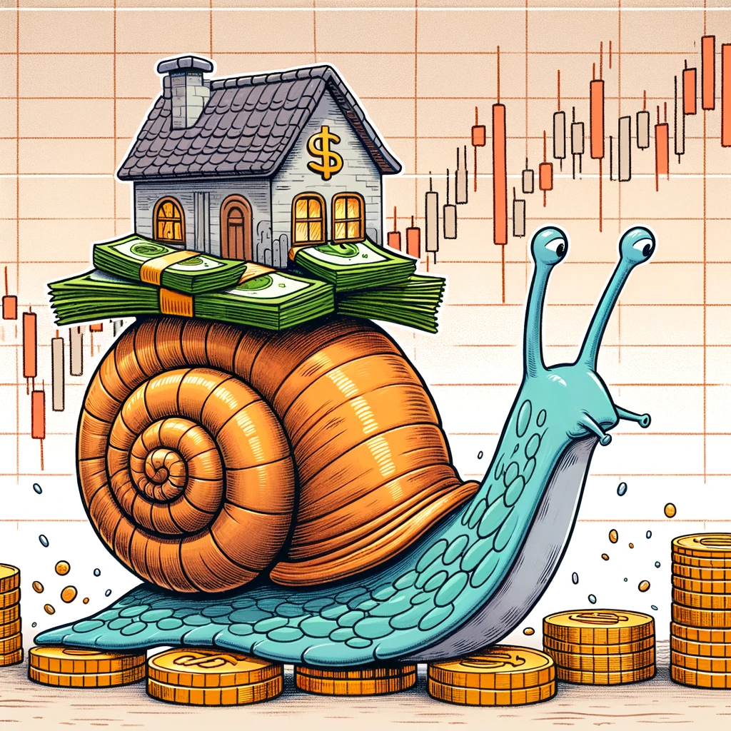 A cartoon of a snail carrying a house made of dollar bills on its back, moving along a path of coins, with a stock market graph in the background, captioned "Slow and steady wins the investment race."
