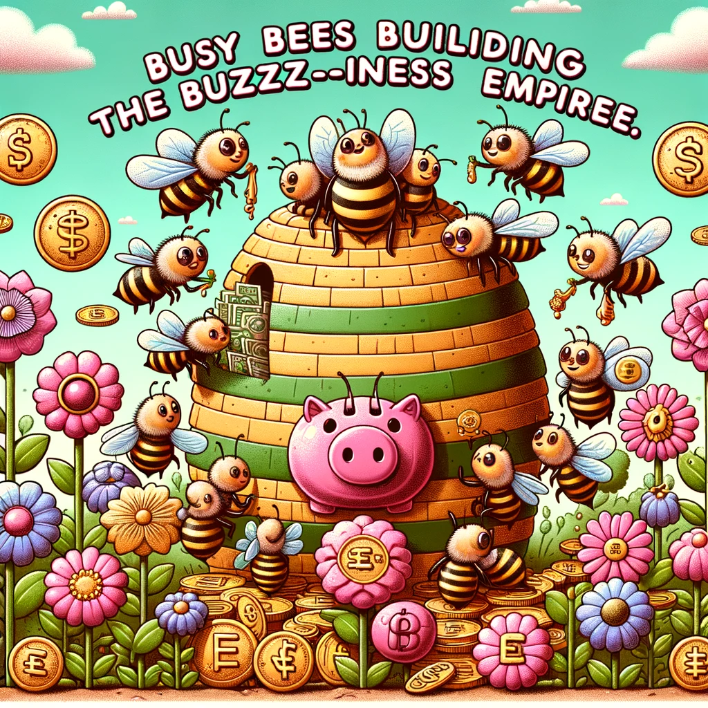 A comical scene of a group of bees buzzing around a hive shaped like a piggy bank, collecting nectar from flowers shaped like various currencies, with a caption saying "Busy bees building the buzz-iness empire."