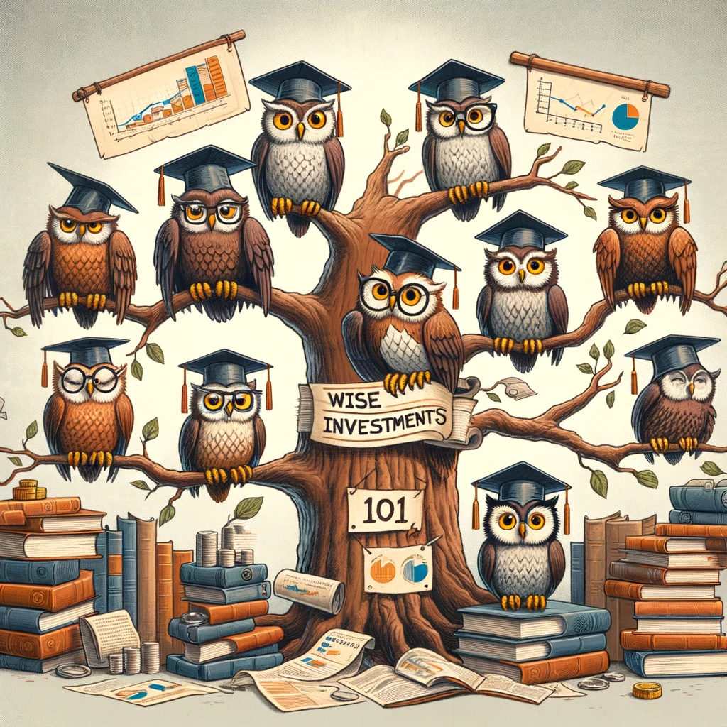 A humorous illustration of a group of owls wearing glasses and graduation caps, sitting on branches of a tree made of books and scrolls, with charts and graphs hanging from the branches, captioned "Wise investments 101."