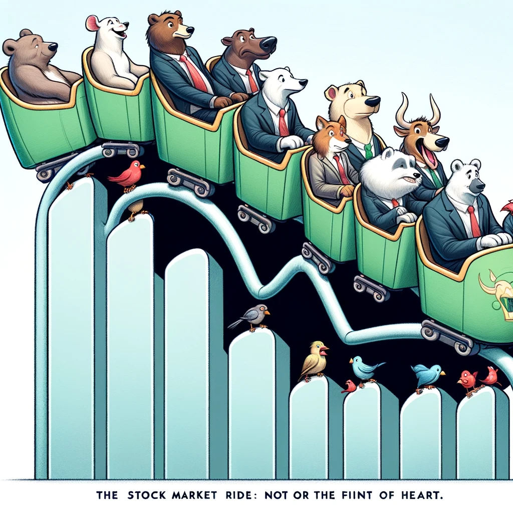 A cartoon of various animals dressed in business casual, riding a roller coaster shaped like a stock market graph, with ups and downs, captioned "The stock market ride: Not for the faint of heart."