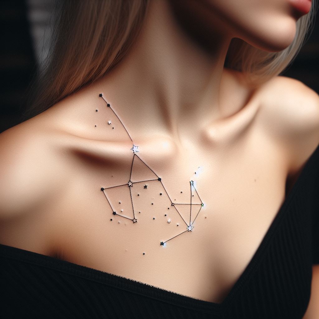 A constellation tattoo mapping out a specific zodiac sign in tiny stars and connecting lines, placed subtly along the collarbone.