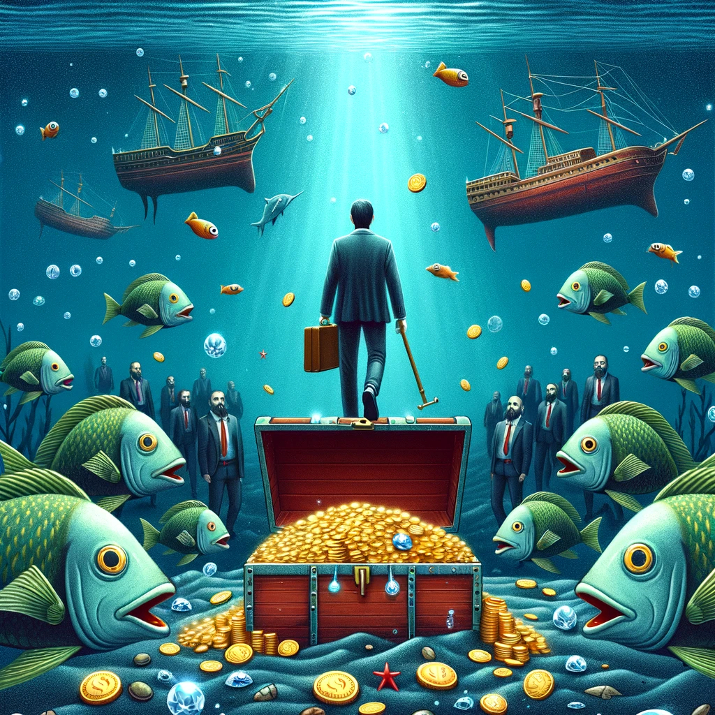 An imaginative depiction of a treasure chest at the bottom of the ocean, surrounded by fish wearing business suits, with sunken ships in the background filled with coins and jewels, captioned "Finding hidden investment treasures."