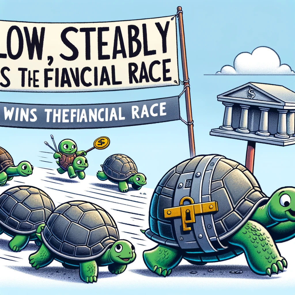 A cartoon of a group of turtles racing towards a finish line marked with financial goals, with one turtle carrying a vault on its back, captioned "Slow, steady, and secure wins the financial race."