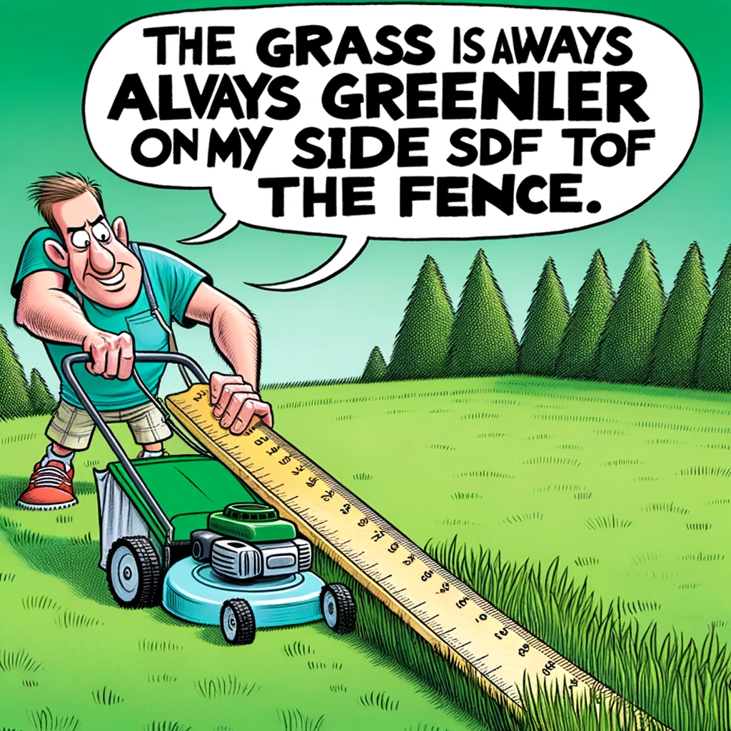 Lawn Obsessed Dad: A cartoon image of a dad meticulously mowing the lawn, holding a ruler in one hand to measure the grass length. The lawn looks perfectly manicured. Include a caption that reads, "The grass is always greener on my side of the fence."