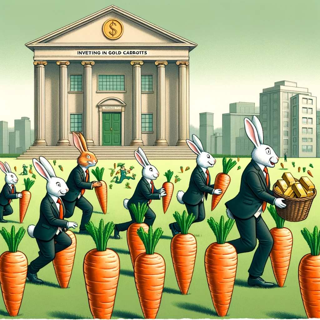 A humorous illustration of a group of rabbits in business suits, hopping around a field of carrots that are shaped like gold bars, with a bank in the background, captioned "Investing in gold carrots: The new gold rush."