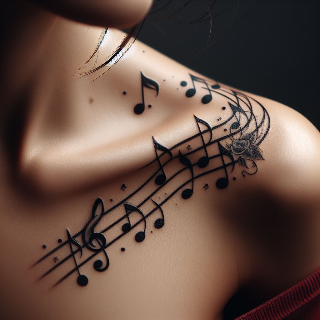 A musical note tattoo series, with each note delicately placed to create a melody along the curve of the collarbone.