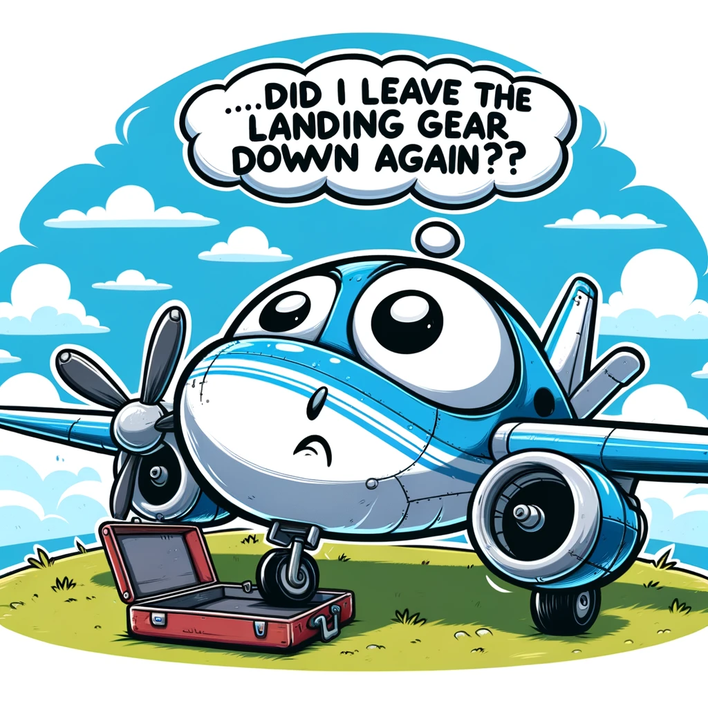 A cartoon airplane looking confused in the sky with a thought bubble saying, "Did I leave the landing gear down again?"