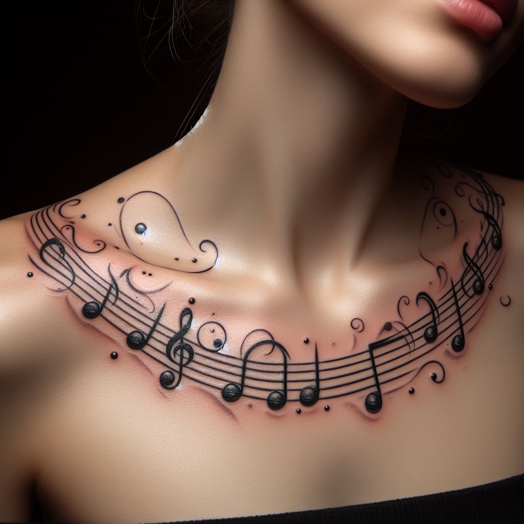 A musical note tattoo series, with each note delicately placed to create a melody along the curve of the collarbone.