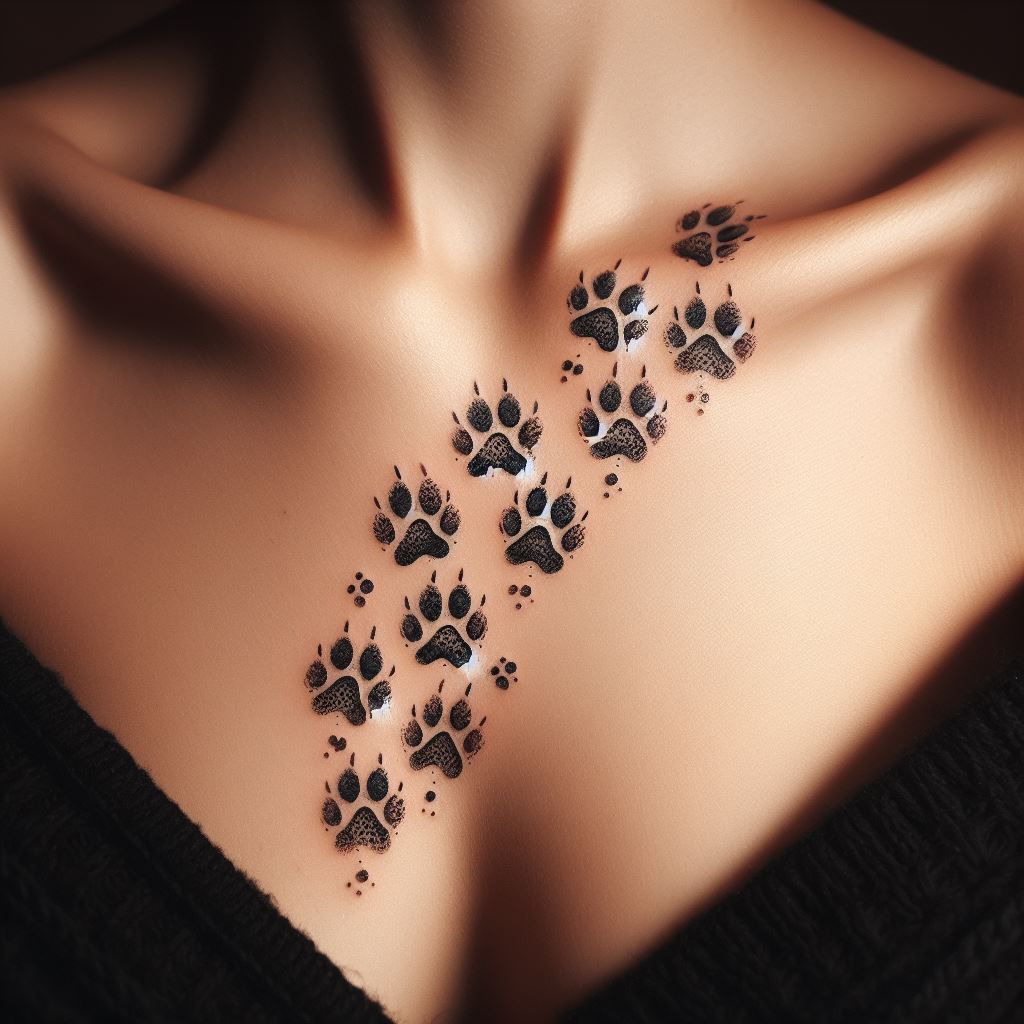 An animal paw print tattoo, each print small and detailed, creating a trail that crosses over the collarbone.