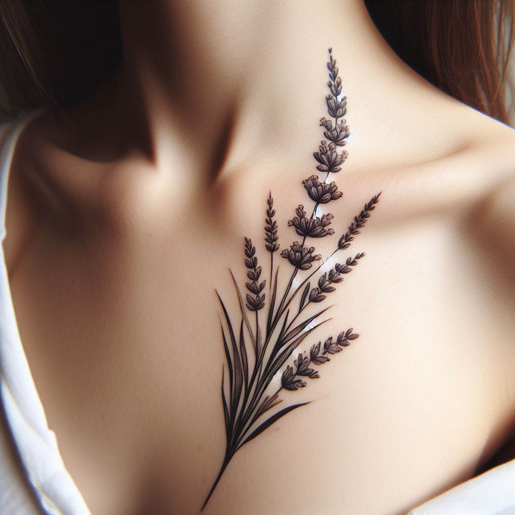 A botanical tattoo featuring a sprig of lavender, its slender stem and delicate flowers running parallel to the collarbone.