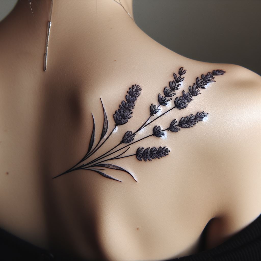 A botanical tattoo featuring a sprig of lavender, its slender stem and delicate flowers running parallel to the collarbone.