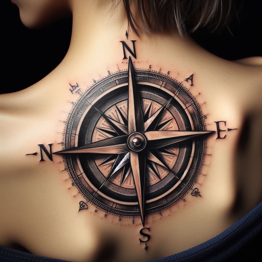 A compass tattoo, symbolizing guidance and direction, placed strategically at the center of the collarbone with detailed shading.
