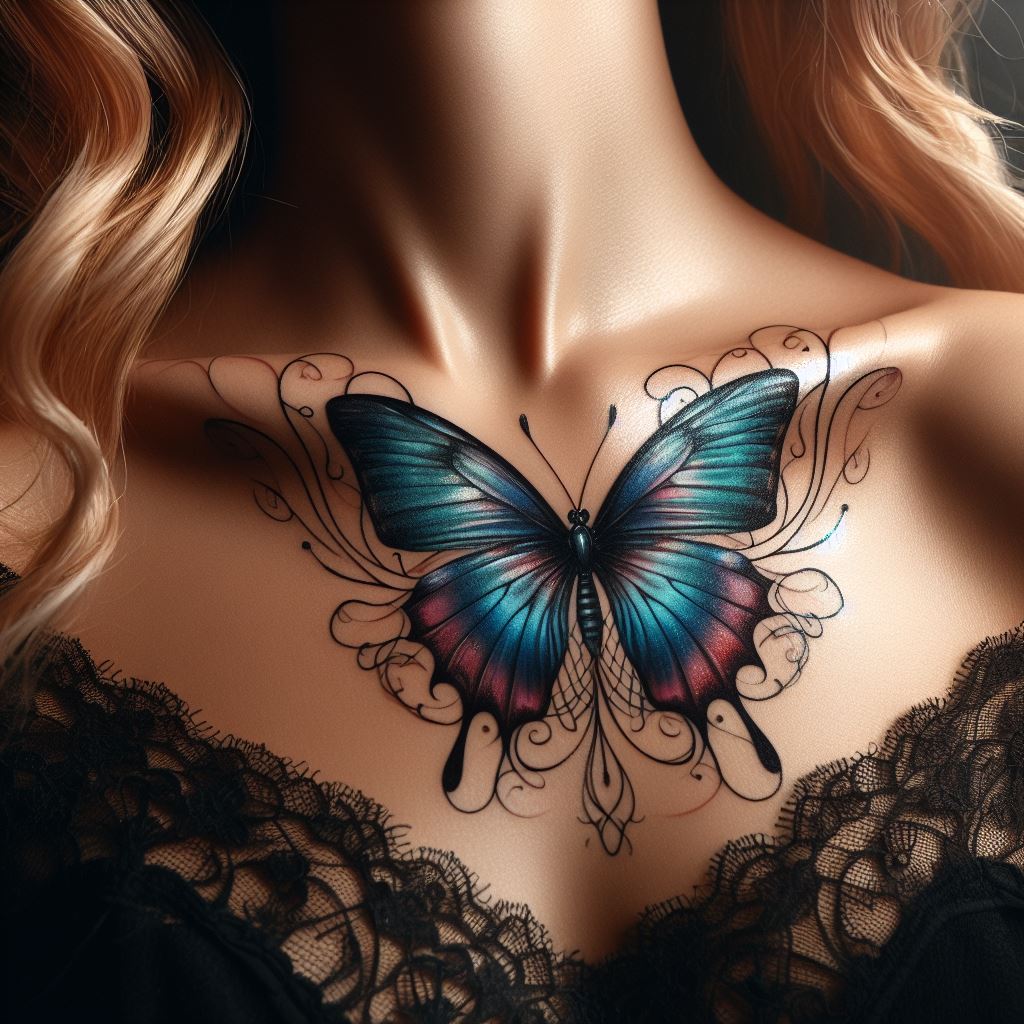A butterfly tattoo, its wings spread open and detailed with vibrant colors, positioned elegantly on one side of the collarbone.