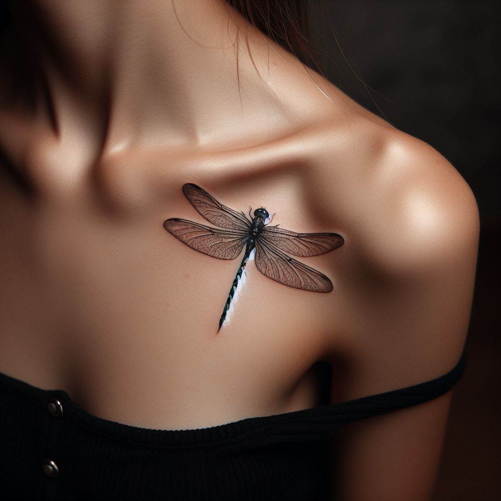 A dragonfly tattoo, depicted in mid-flight with translucent wings, hovering lightly above the collarbone.