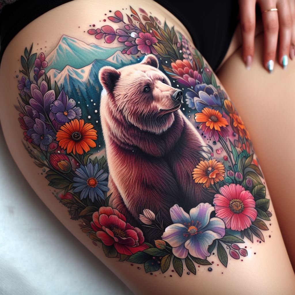 A tattoo of a serene bear sitting amidst a floral landscape on the thigh. The bear is surrounded by a variety of flowers and leaves, each rendered with vibrant colors and intricate details. This design symbolizes harmony with nature and growth, with the bear appearing calm and content. The tattoo covers a significant portion of the thigh, creating a stunning and colorful piece that celebrates the beauty of the natural world.