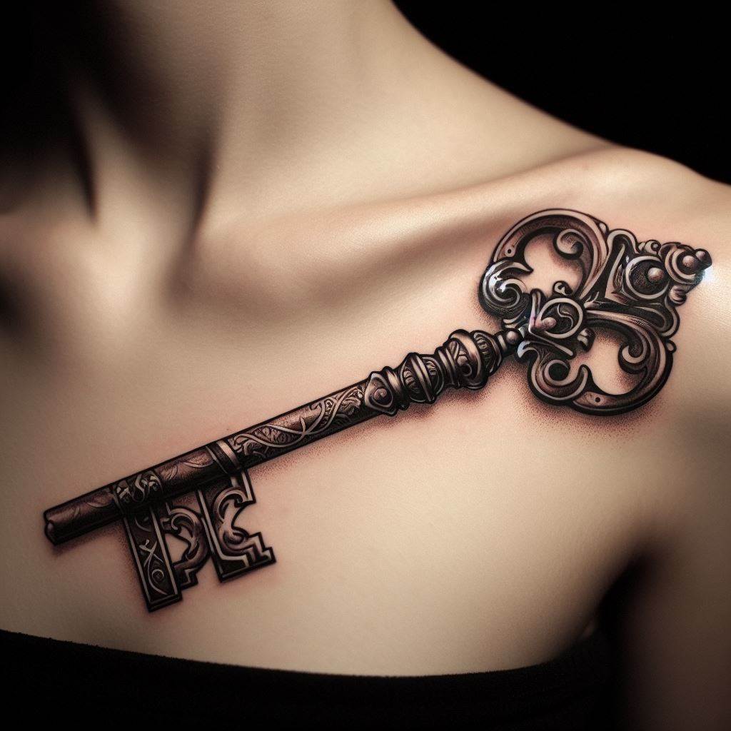 A vintage key tattoo, with elaborate and ornate details, lying horizontally across the collarbone, symbolizing mystery and discovery.