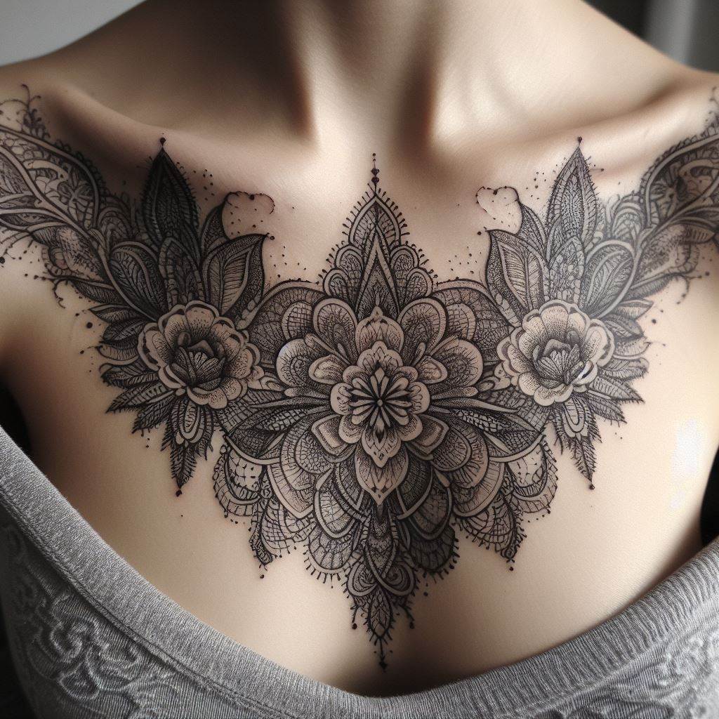 An intricate lace pattern tattoo, elegantly draped over the collarbone, featuring fine lines and floral motifs in a symmetrical design.