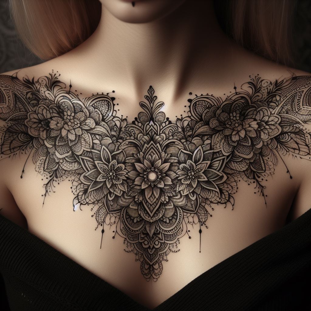 An intricate lace pattern tattoo, elegantly draped over the collarbone, featuring fine lines and floral motifs in a symmetrical design.