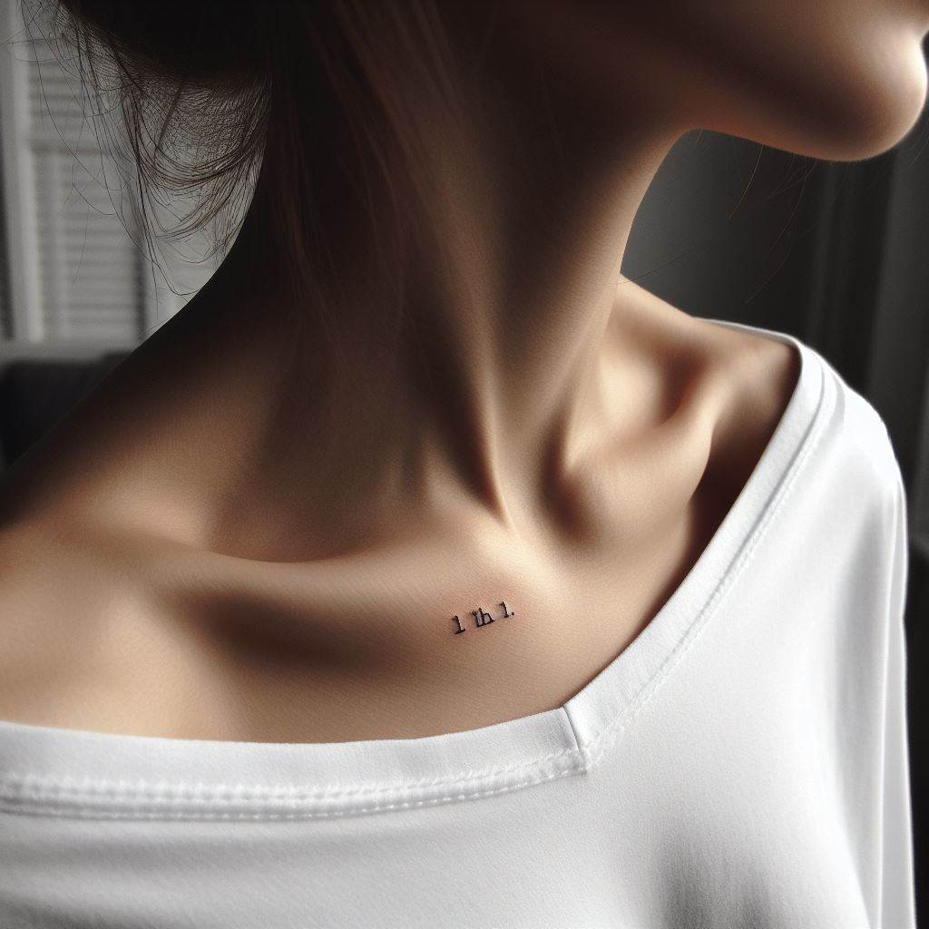 A small, minimalist tattoo of a single word in typewriter font, meaningful and succinct, placed discreetly near the collarbone.