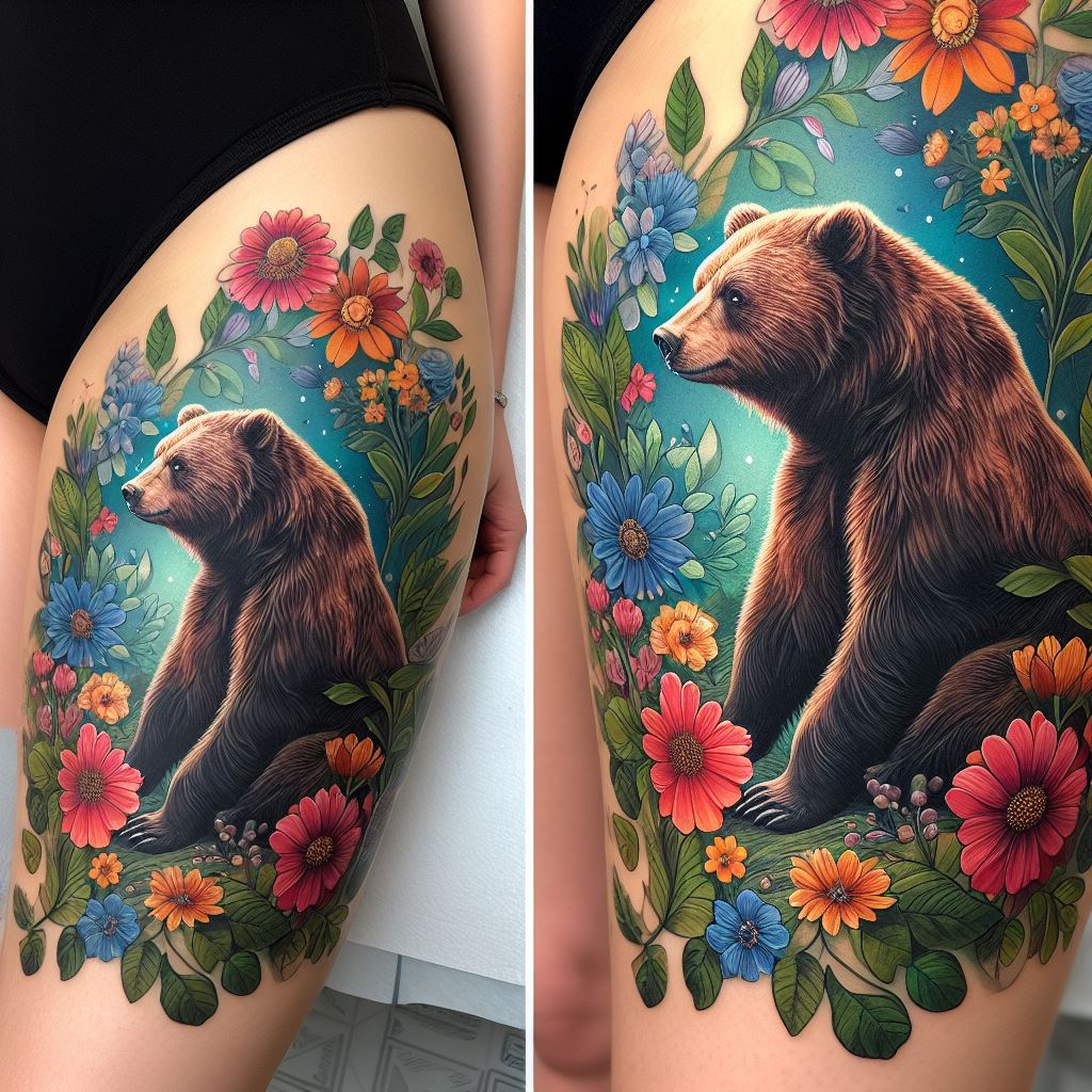 A tattoo of a serene bear sitting amidst a floral landscape on the thigh. The bear is surrounded by a variety of flowers and leaves, each rendered with vibrant colors and intricate details. This design symbolizes harmony with nature and growth, with the bear appearing calm and content. The tattoo covers a significant portion of the thigh, creating a stunning and colorful piece that celebrates the beauty of the natural world.