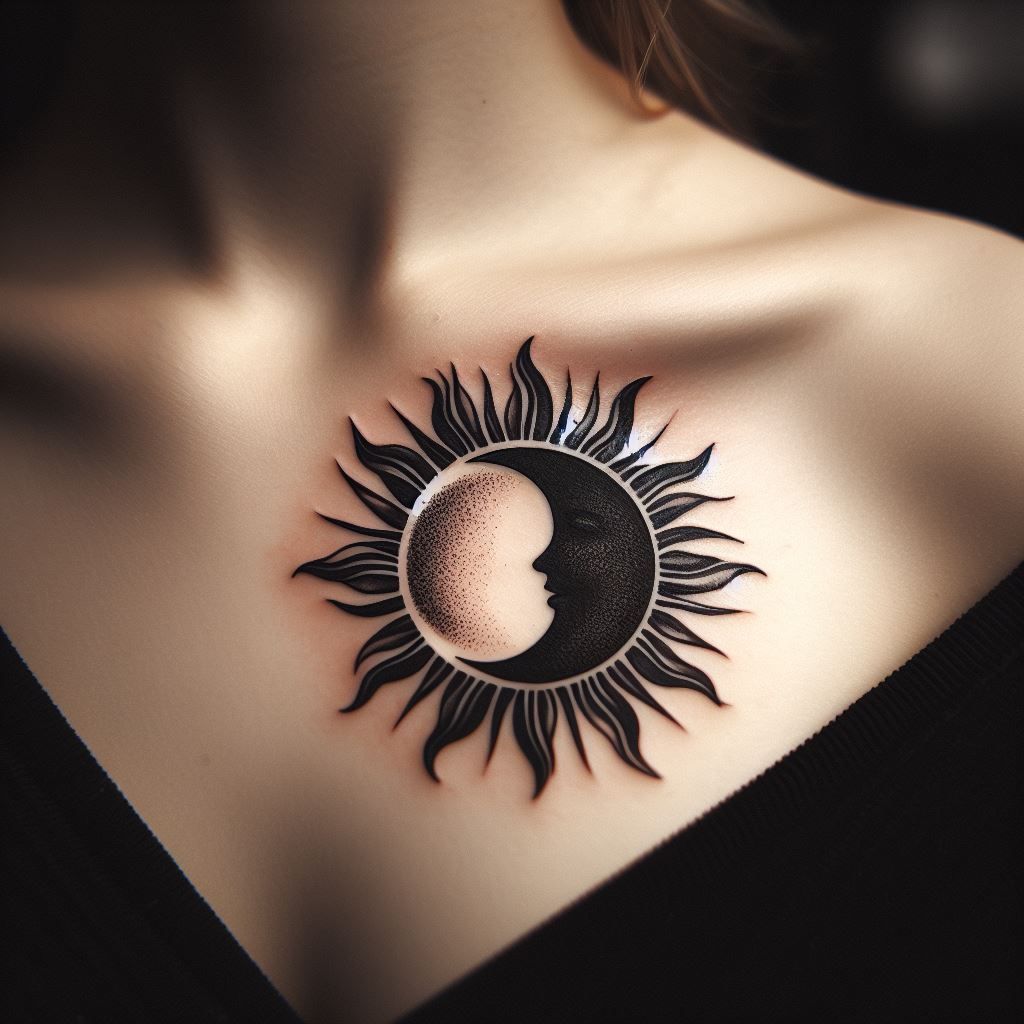 A sun and moon tattoo, symbolizing balance and contrast, with each celestial body placed on either side of the collarbone.