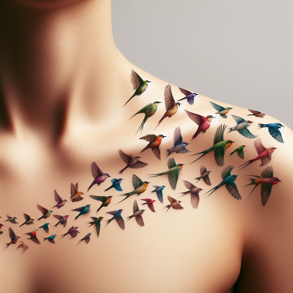 A series of tiny, colorful birds in flight, each bird gradually increasing in size as they follow the line of the collarbone.