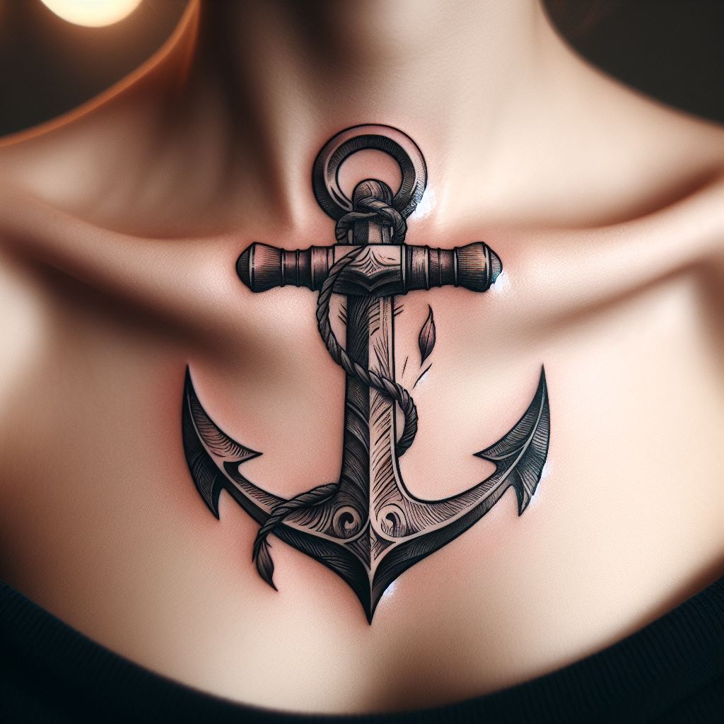 An anchor tattoo, representing stability and strength, positioned at the center of the collarbone with classic detailing.