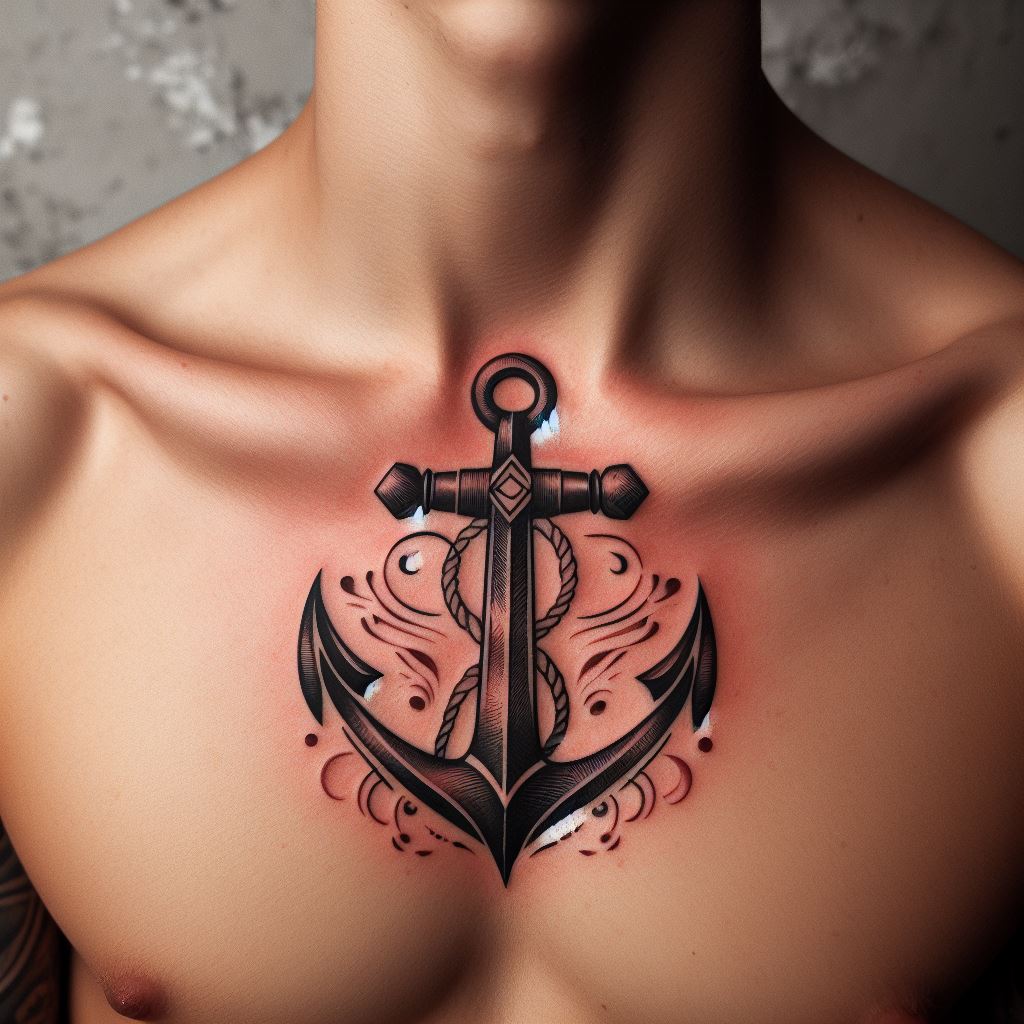 An anchor tattoo, representing stability and strength, positioned at the center of the collarbone with classic detailing.
