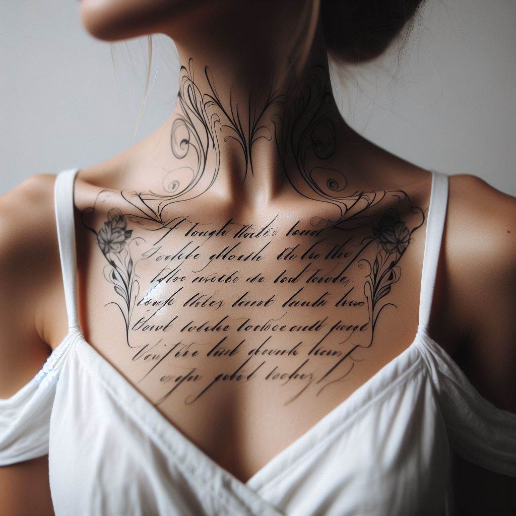 A quote in elegant calligraphy, stretching gracefully across the collarbone, each word carefully chosen for personal significance.