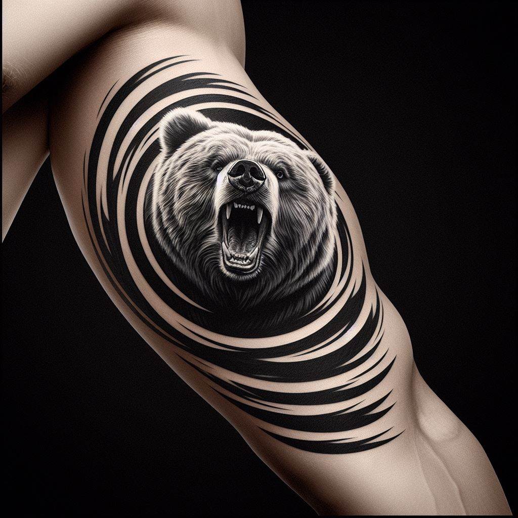 A tattoo showcasing a fierce grizzly bear with its jaws wide open, designed to curve around the biceps. The bear's fur is depicted with thick, bold lines to emphasize strength and ferocity, while its eyes convey a wild spirit. This tattoo symbolizes raw power and resilience, fitting snugly around the bicep to accentuate the muscle's shape.