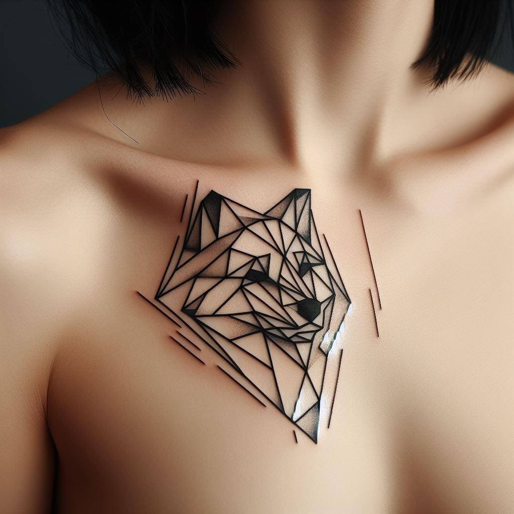 A geometric animal tattoo, such as a wolf or bear, stylized into abstract shapes and lines, subtly placed near the collarbone.