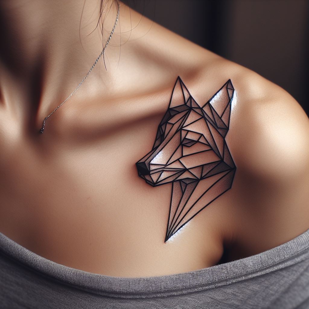 A geometric animal tattoo, such as a wolf or bear, stylized into abstract shapes and lines, subtly placed near the collarbone.