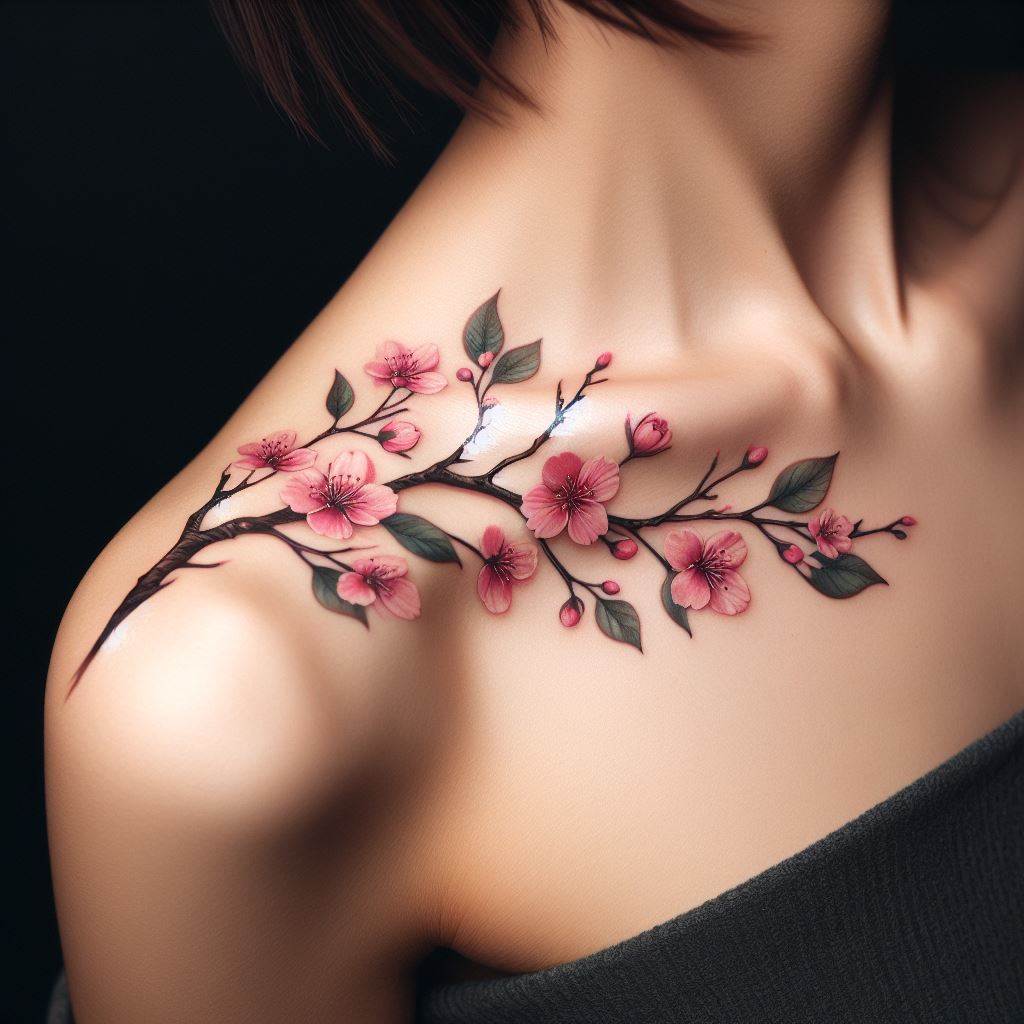 A cherry blossom branch tattoo, with delicate pink flowers blooming along the branch that curves naturally with the collarbone.