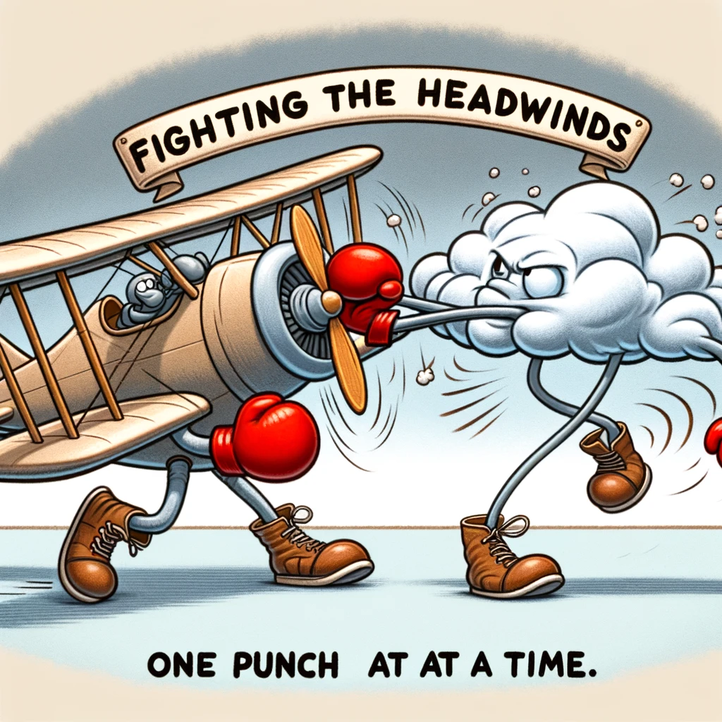 A cartoon biplane wearing boxing gloves, sparring with a cloud, captioned, "Fighting the headwinds, one punch at a time."