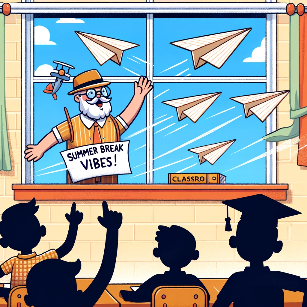 A group of paper airplanes flying out of a classroom window, with the teacher airplane looking on, captioned, "Summer break vibes."