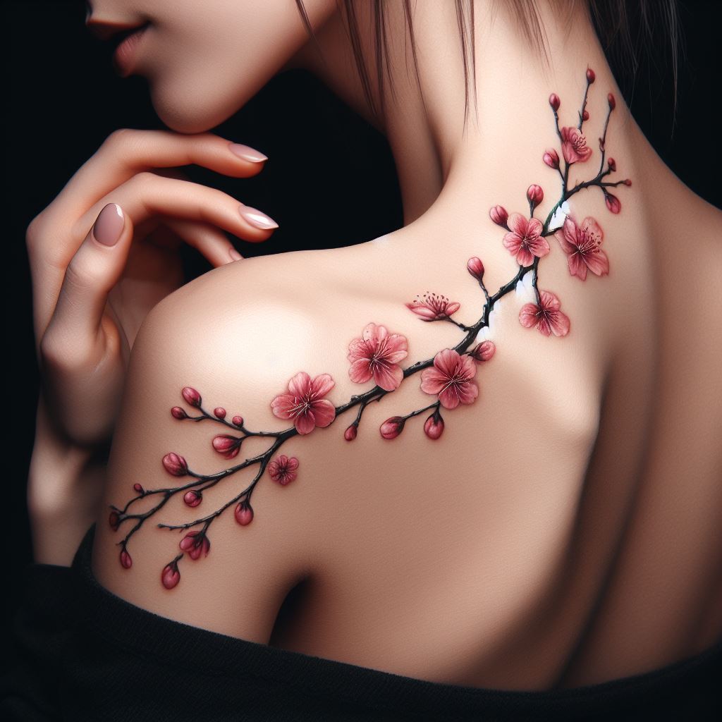 A cherry blossom branch tattoo, with delicate pink flowers blooming along the branch that curves naturally with the collarbone.