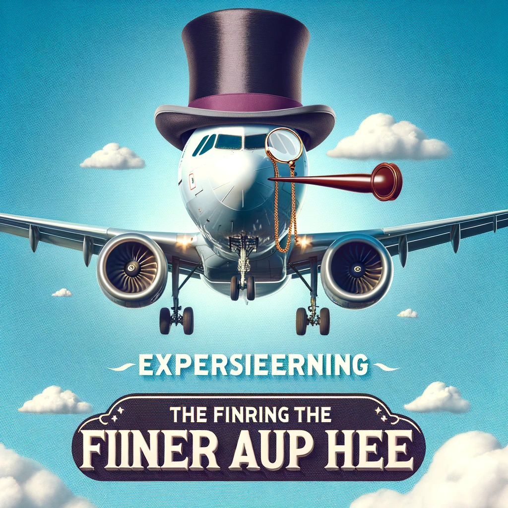 An airplane with a top hat and monocle, flying elegantly, captioned, "Experiencing the finer air up here."