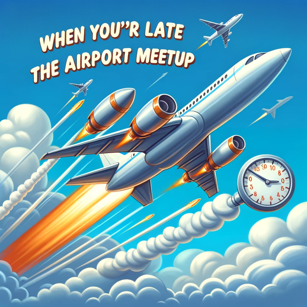 A jet plane with rocket boosters, zooming past clouds with speed lines, captioned, "When you're late for the airport meetup."
