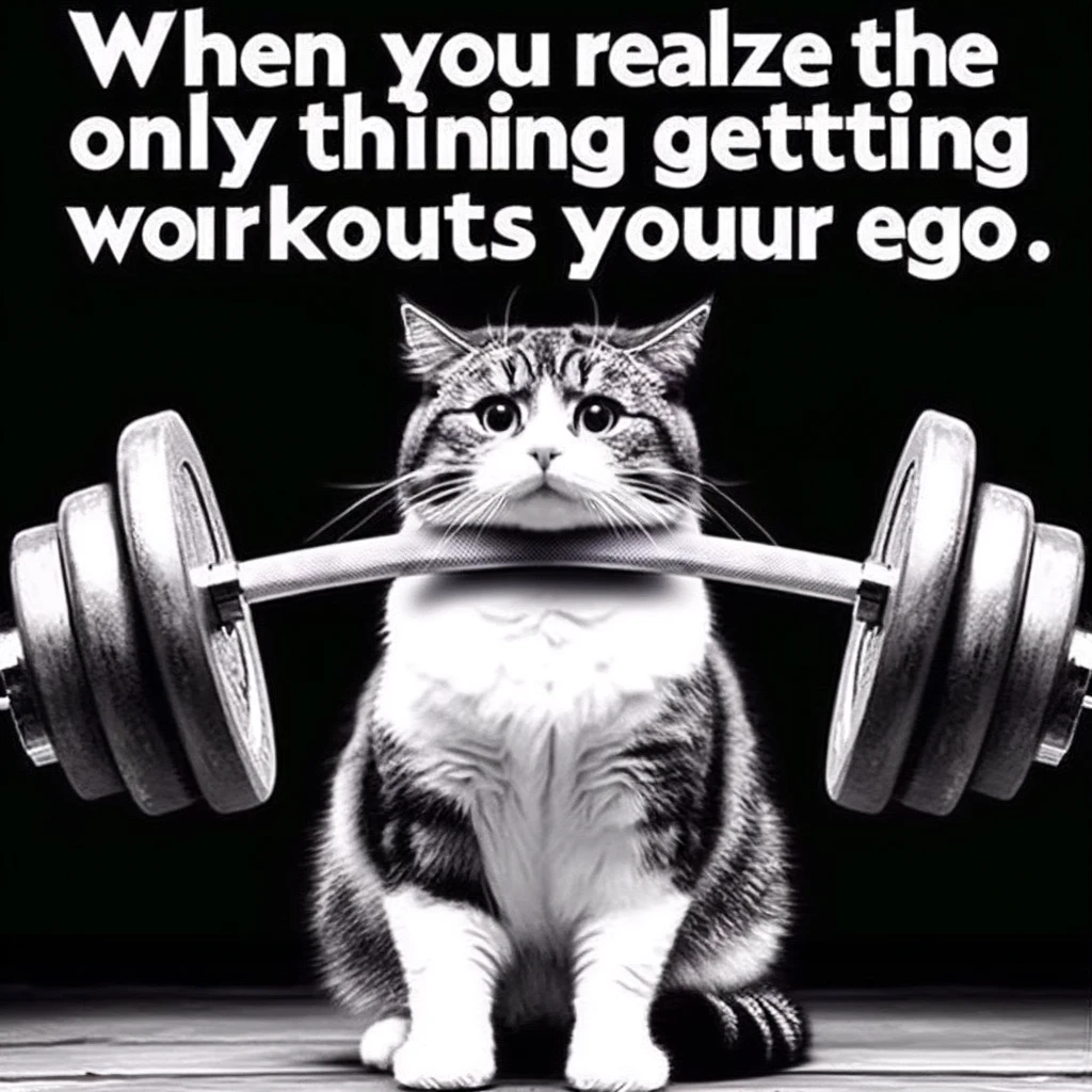 A humorous image of a cat attempting to lift a barbell that's clearly too heavy for it, with a caption saying, "When you realize the only thing getting a workout is your ego."