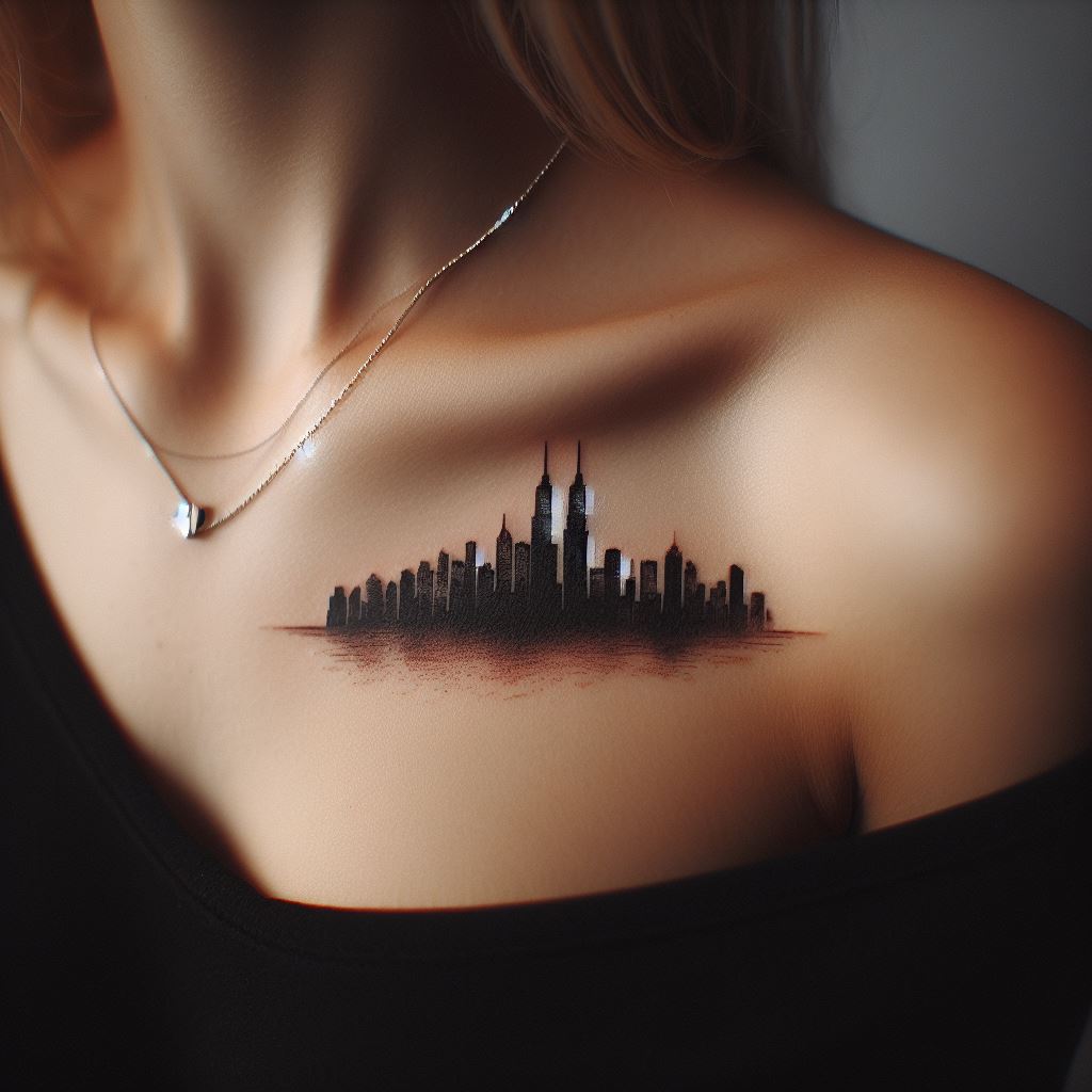 A skyline tattoo, capturing the silhouette of a favorite city or place, etched in fine detail along the collarbone's edge.