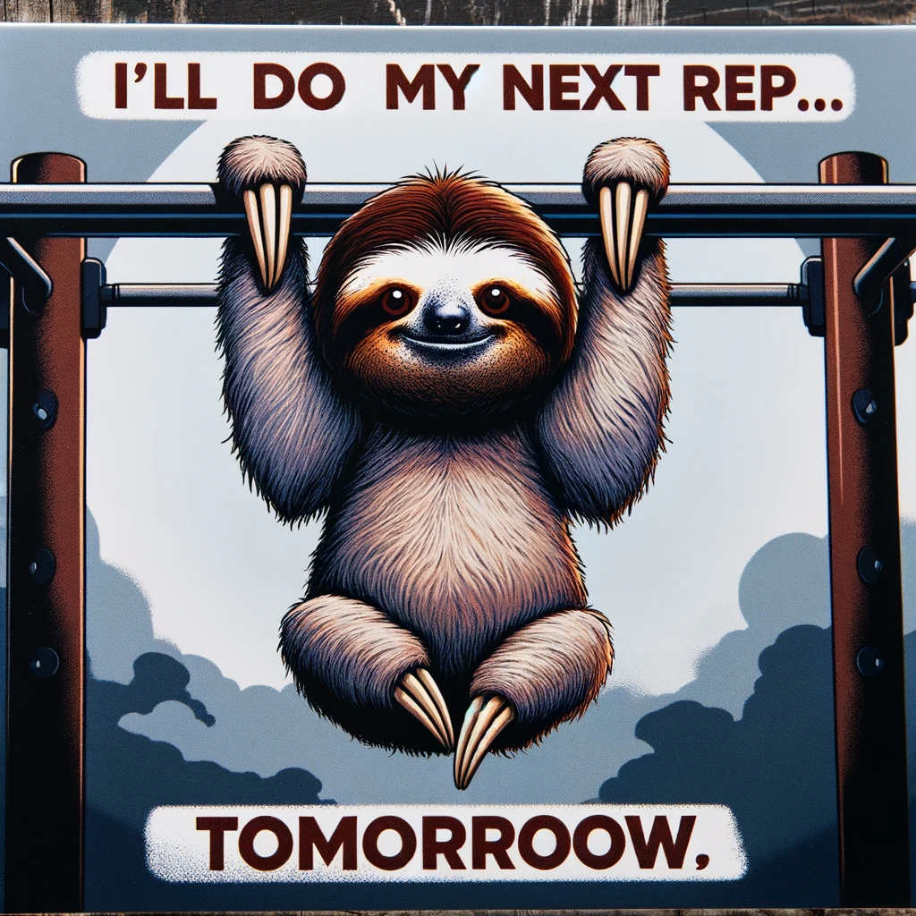 An amusing image of a sloth hanging from a pull-up bar, with a caption that reads, "I'll do my next rep... tomorrow."