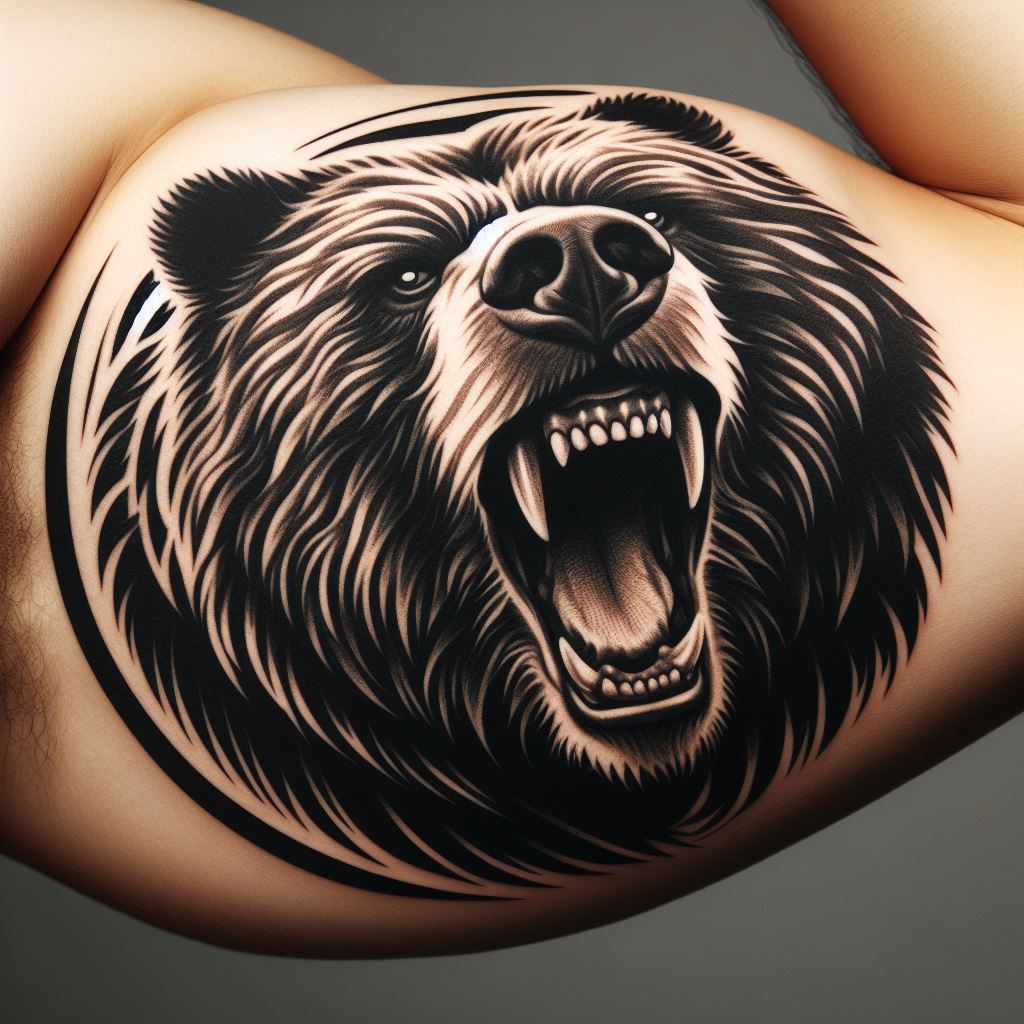 A tattoo showcasing a fierce grizzly bear with its jaws wide open, designed to curve around the biceps. The bear's fur is depicted with thick, bold lines to emphasize strength and ferocity, while its eyes convey a wild spirit. This tattoo symbolizes raw power and resilience, fitting snugly around the bicep to accentuate the muscle's shape.