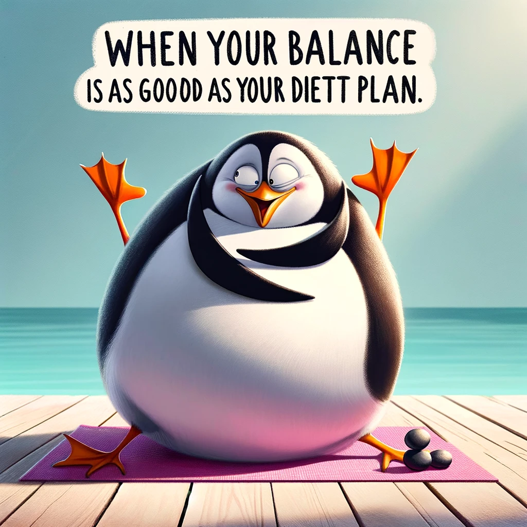 A comical image of a penguin trying to do yoga, struggling with a pose, with a caption saying, "When your balance is as good as your diet plan."