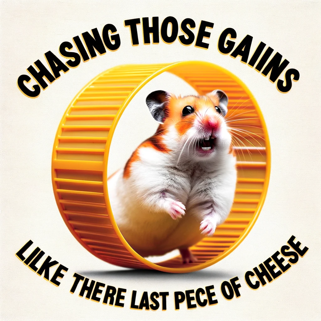 A humorous image of a hamster running on a wheel, with a super focused expression, and a caption saying, "Chasing those gains like they're the last piece of cheese."